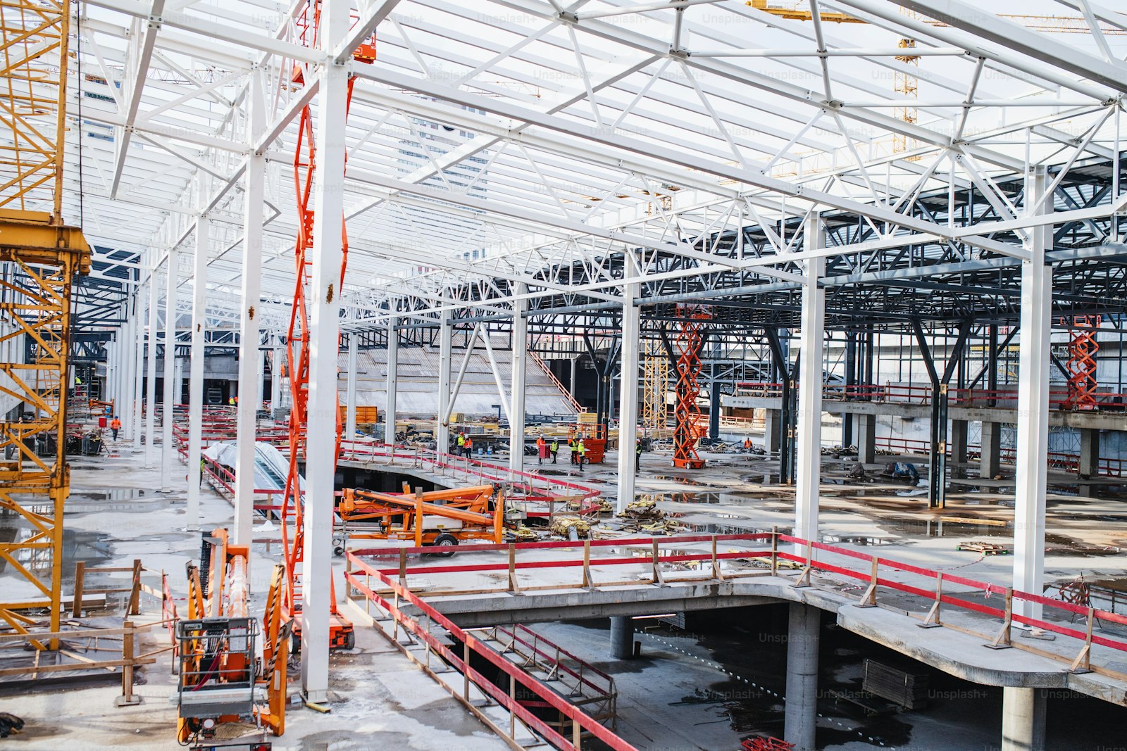 Steel frame structure at a construction site